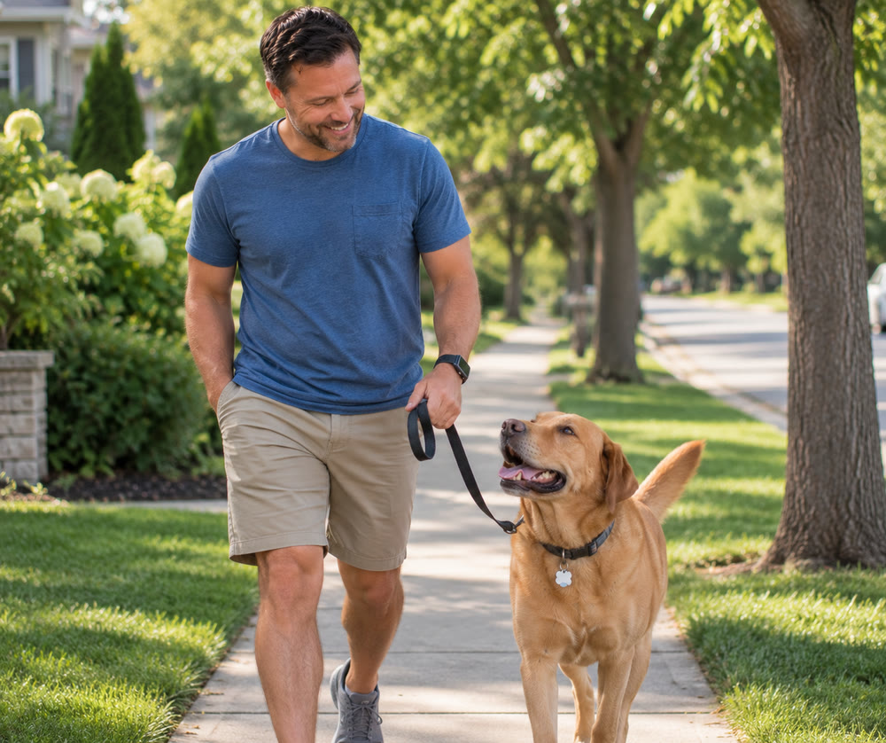 A healthy golden retriever out on a walk with its owner