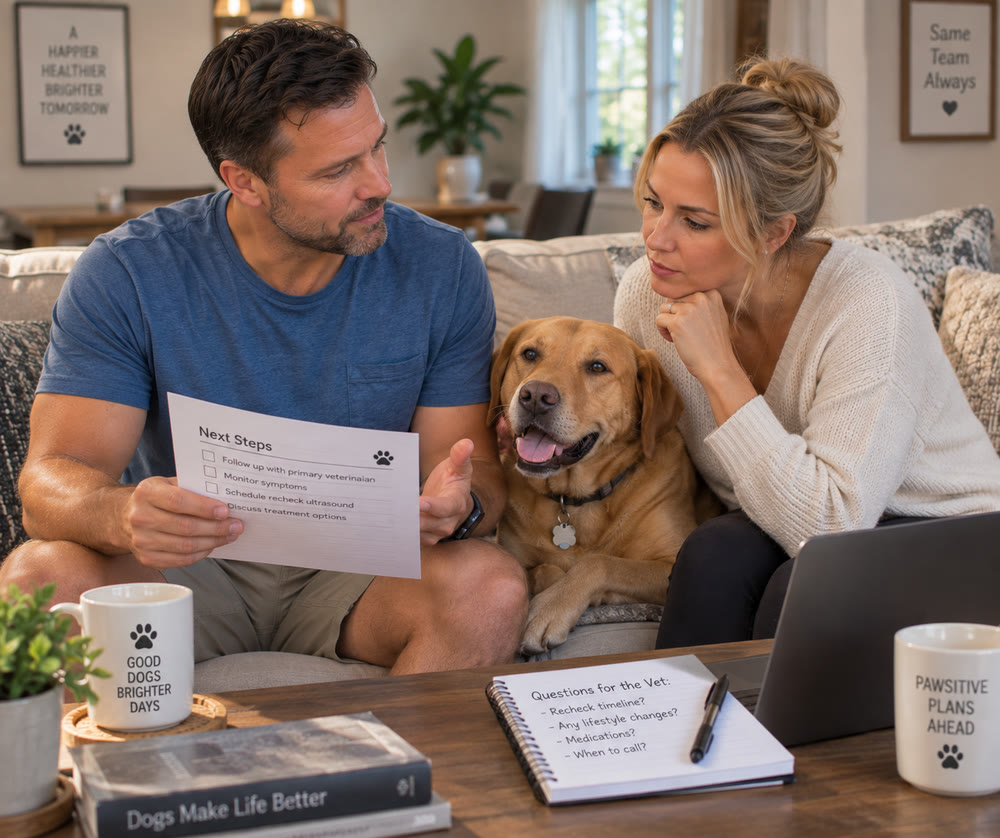 Two owners reading their dog’s report together at home