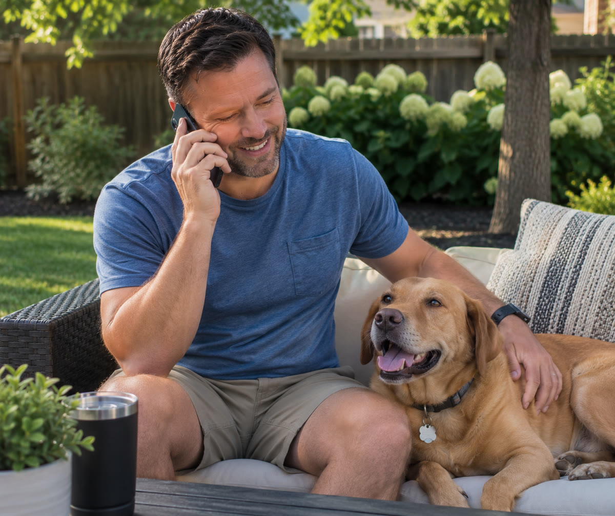 A pet owner on the phone, his golden retriever beside him