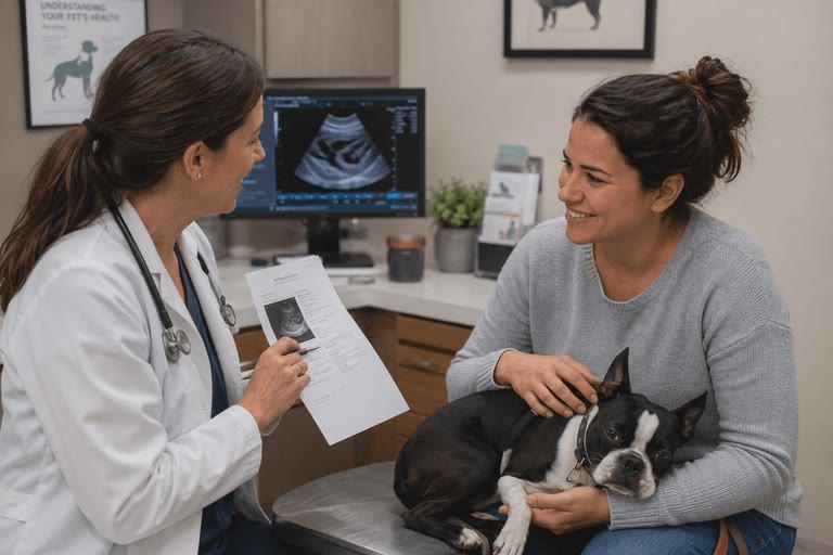 A veterinarian going over a printed report with an owner and her dog