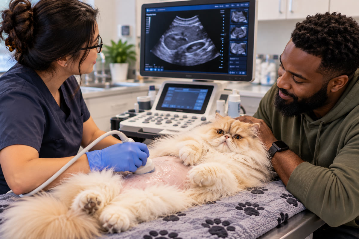 A sonographer performing an abdominal ultrasound on a Persian cat while its owner looks on