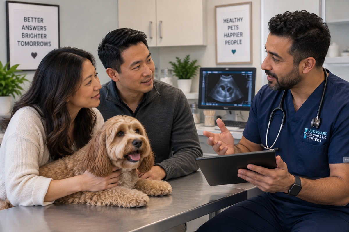 A veterinarian with a tablet talking with a couple and their dog in the exam room
