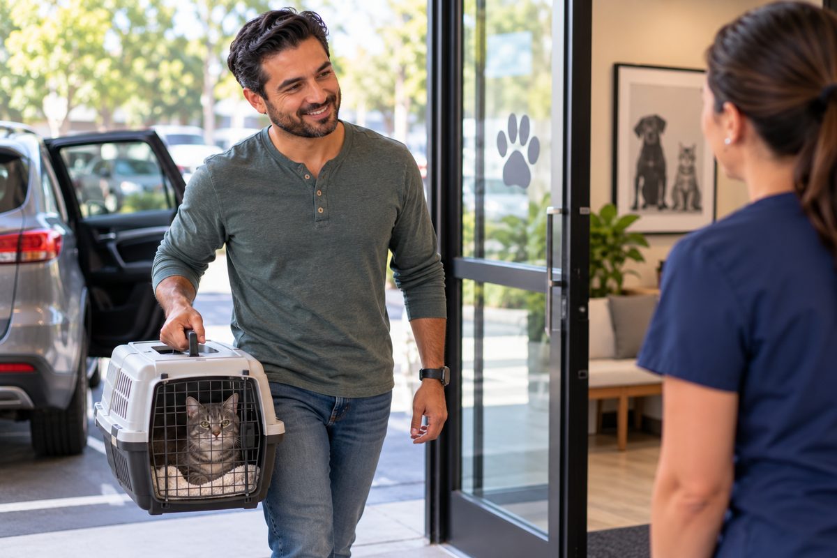 A man arriving at the clinic with his cat in a carrier