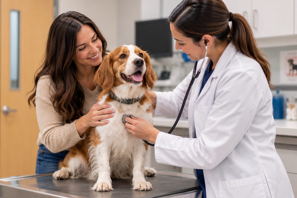 A veterinarian listening to a spaniel’s heart with its owner