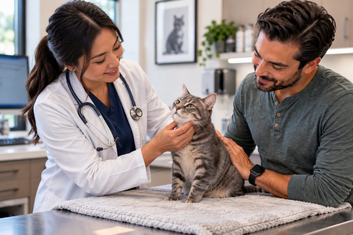 A veterinarian examining a tabby cat with its owner