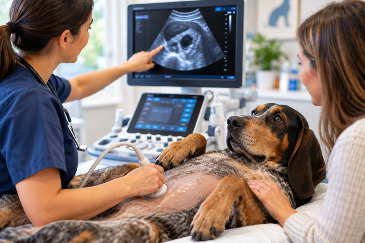 A sonographer pointing to the ultrasound screen during a coonhound’s abdominal scan while its owner comforts it