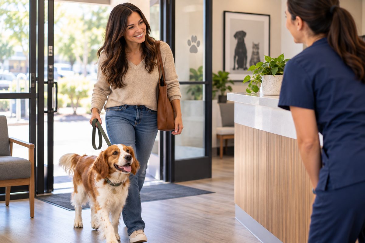 A woman and her spaniel arriving at the clinic