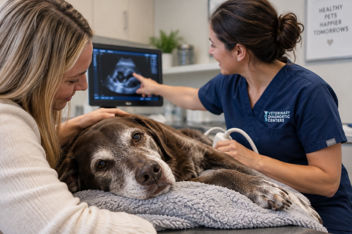 A veterinarian pointing out findings on the ultrasound screen