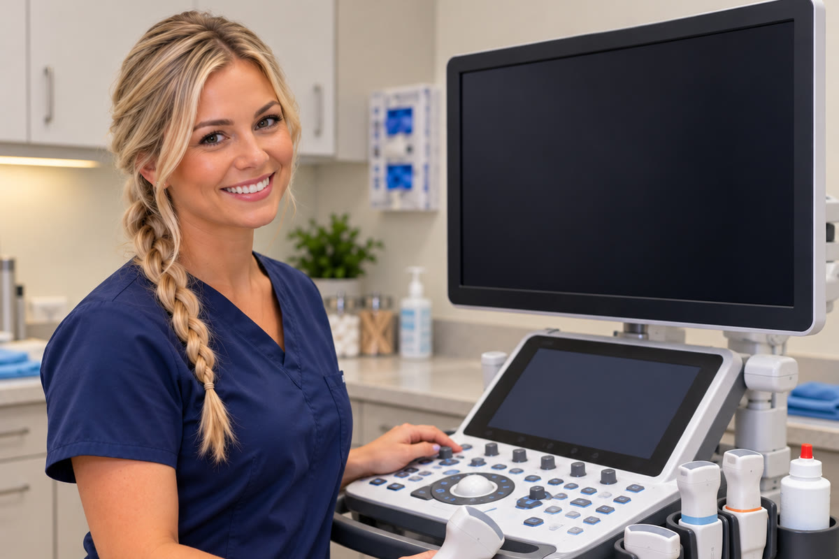 A smiling ultrasound technician at the ultrasound machine, holding a probe