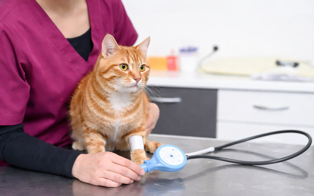 An orange cat having its blood pressure taken during a cardiac work-up