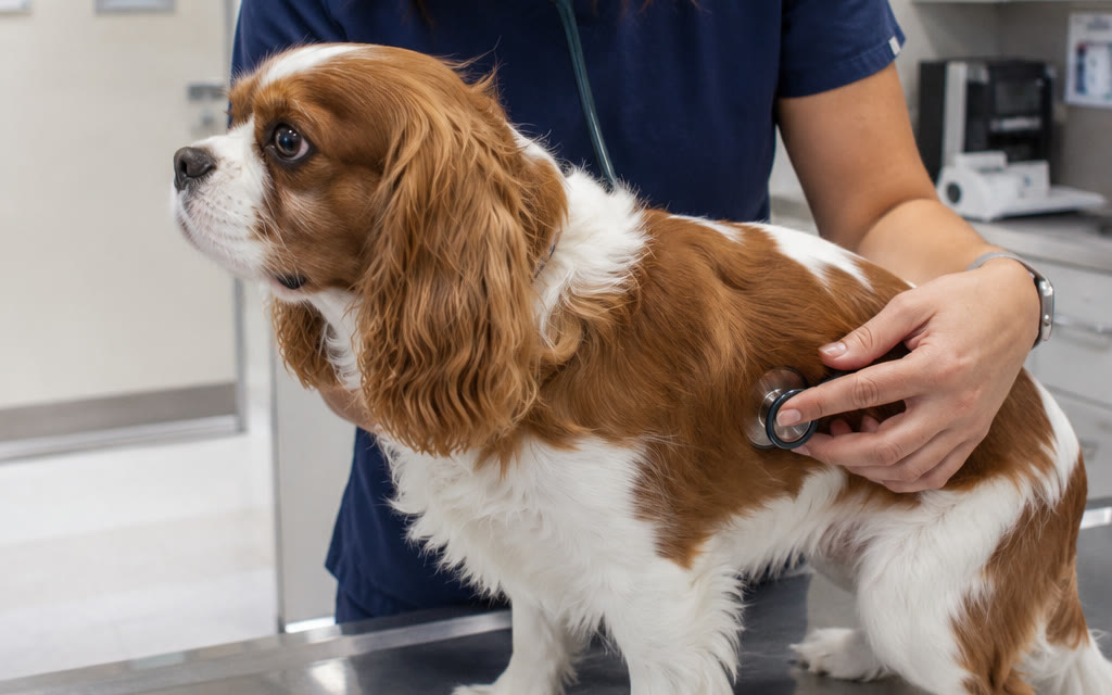 A veterinarian listening to a Cavalier King Charles Spaniel’s heart