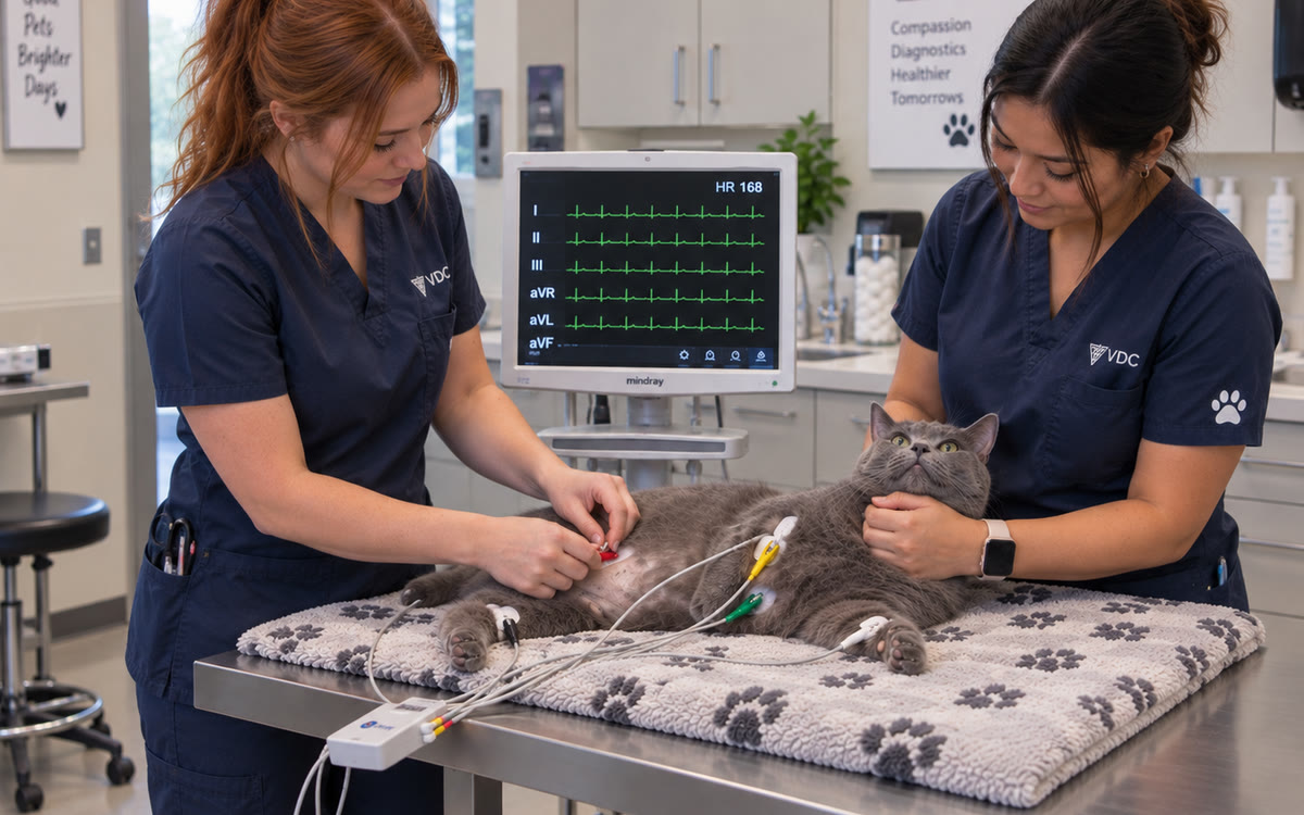 A cat on the exam table during an ECG, watched over by two technicians