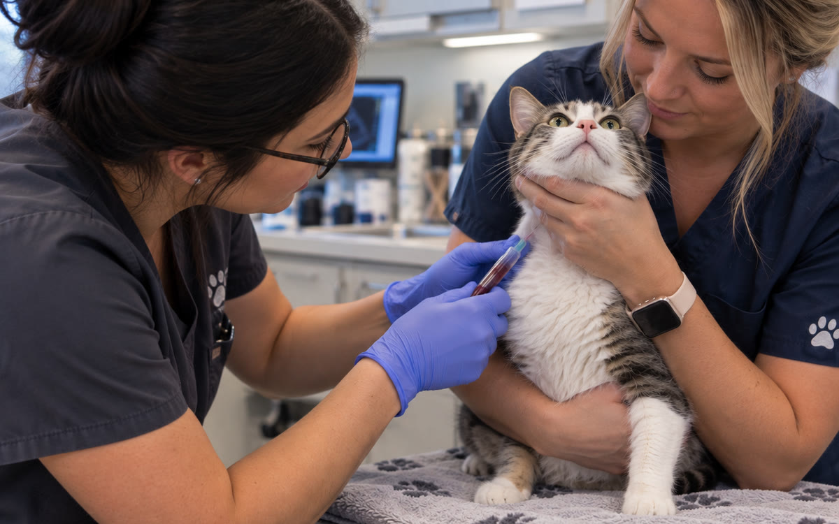 A tabby cat held gently while a technician draws a blood sample