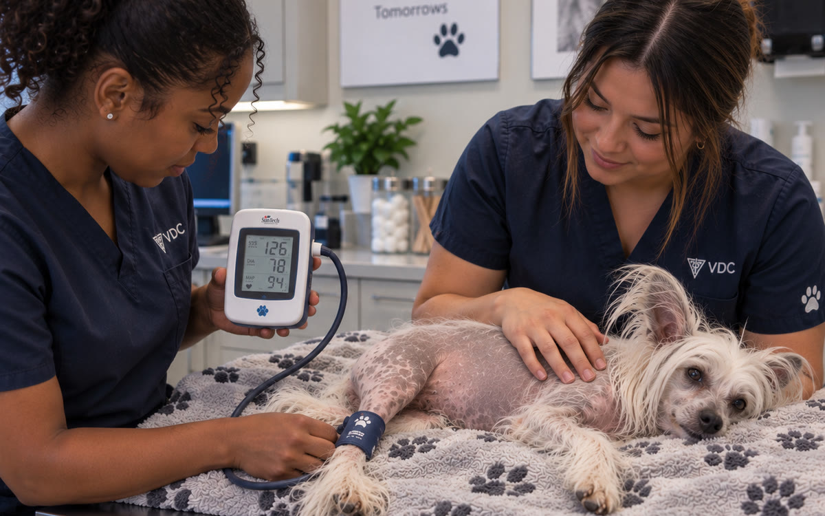 A small dog having its blood pressure measured on the exam table