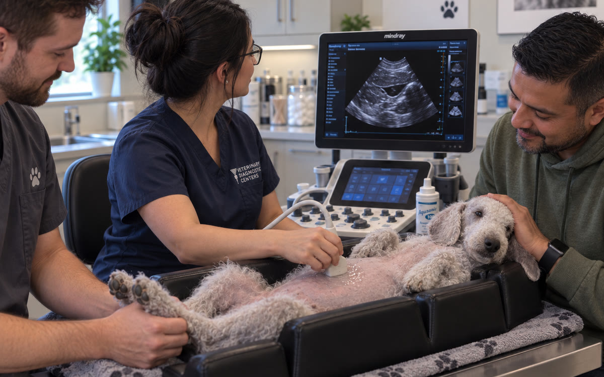 A dog on a padded table for an ultrasound, with its owner beside it