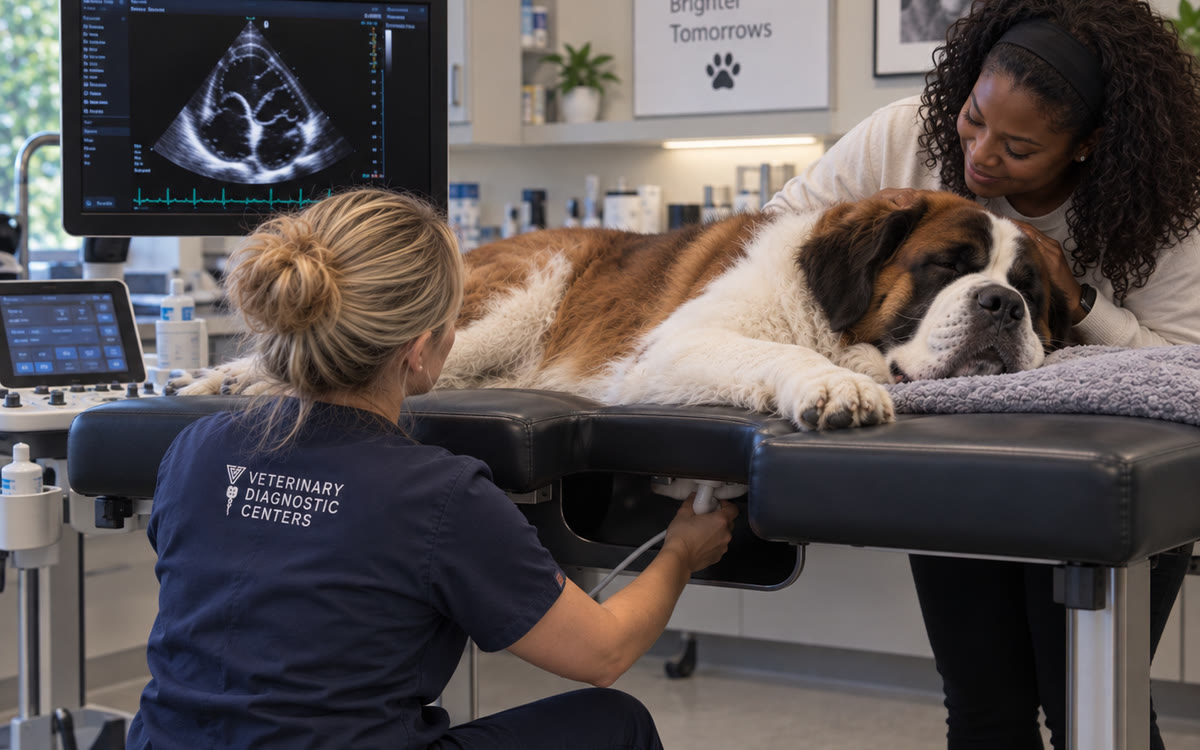 A Saint Bernard lying on the table during an echocardiogram