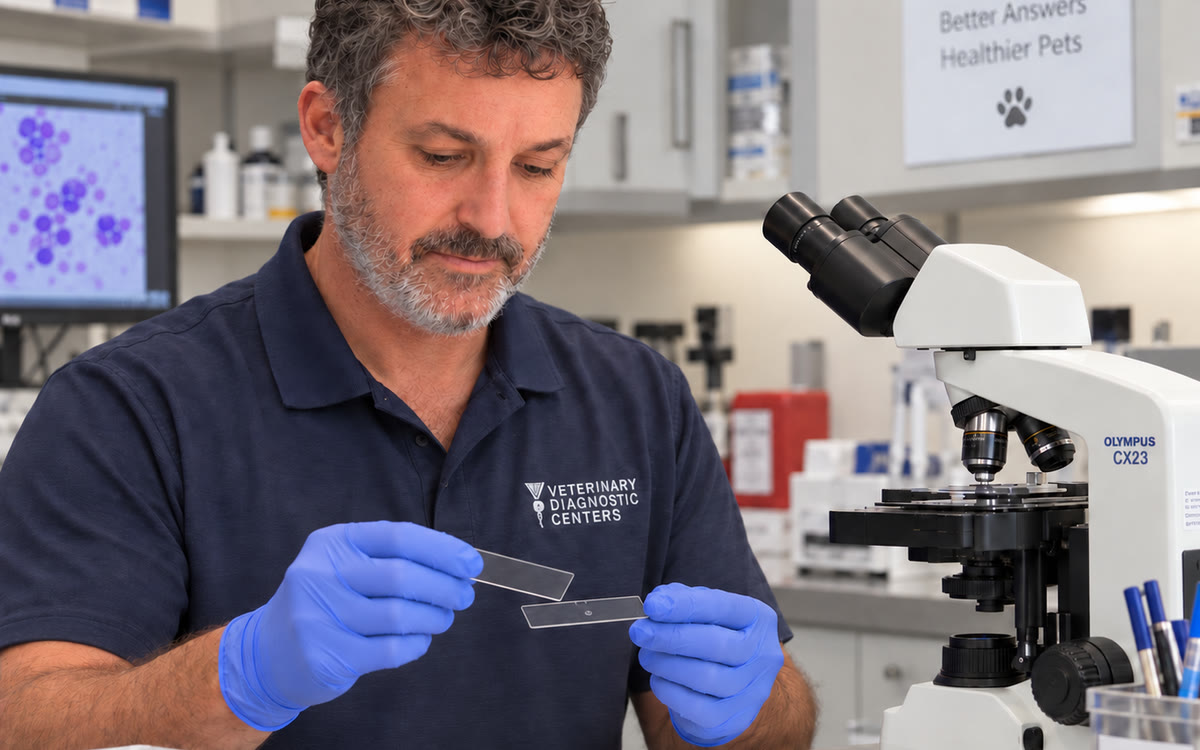 A veterinarian examining a cytology slide at the microscope