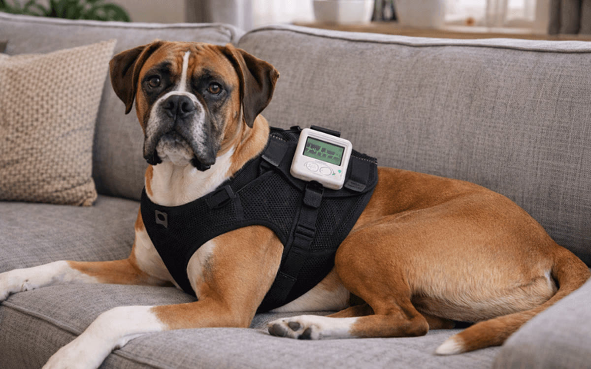 A boxer resting on the sofa at home in a harness that holds a Holter monitor