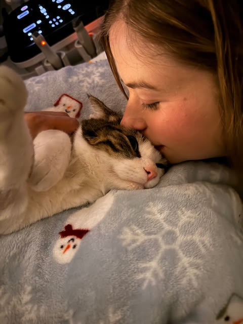 An owner cuddling her cat beside the echocardiography machine