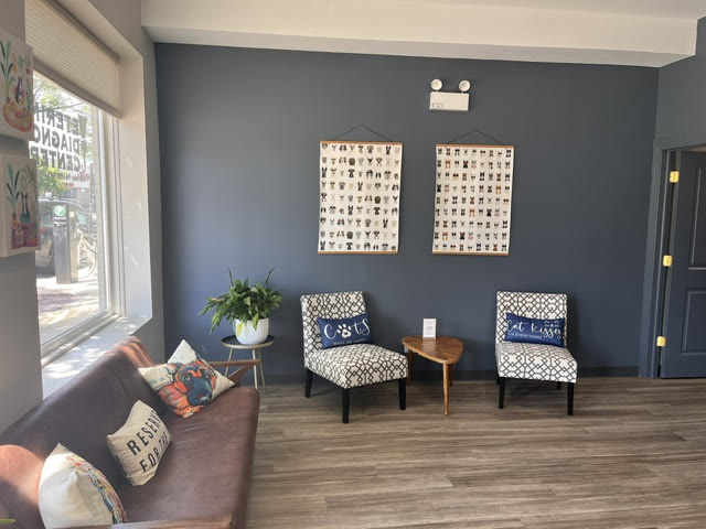 Patterned armchairs and a sofa in the Chicago waiting area