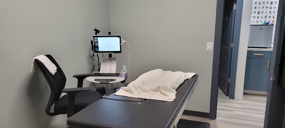A scan room with the ultrasound machine, a padded table and a chair for the owner