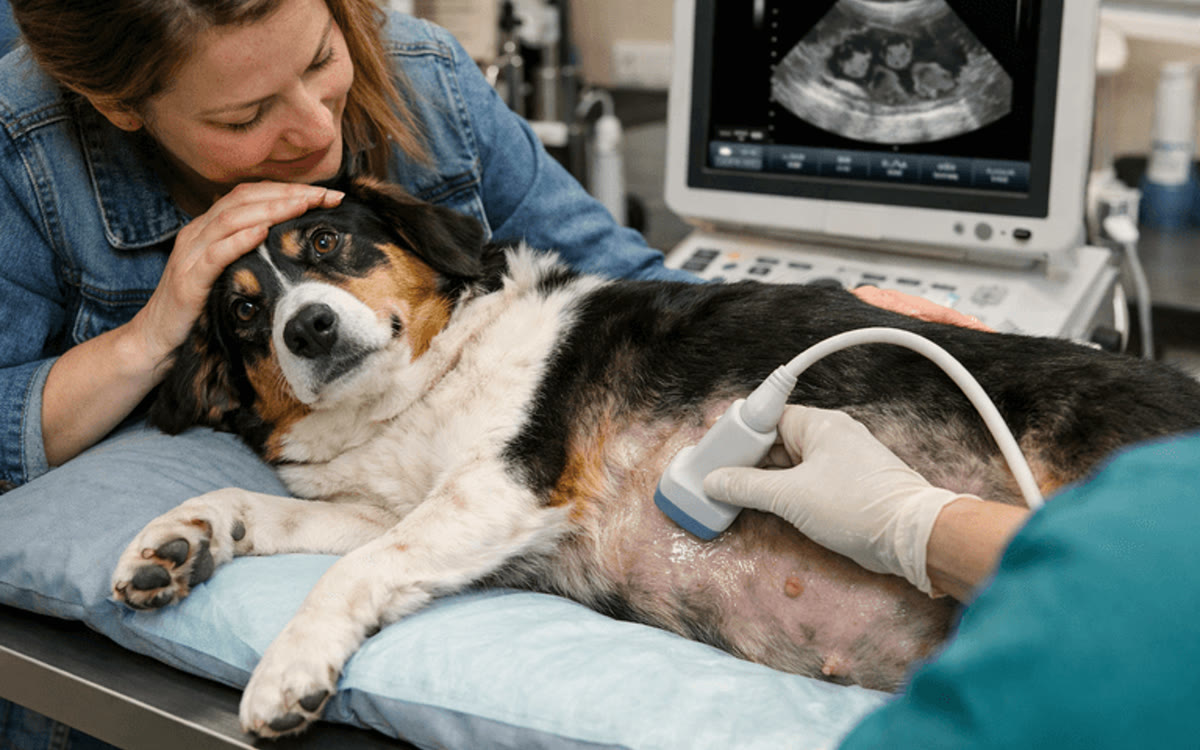 A dog resting on a pillow for an ultrasound while its owner stays at the table