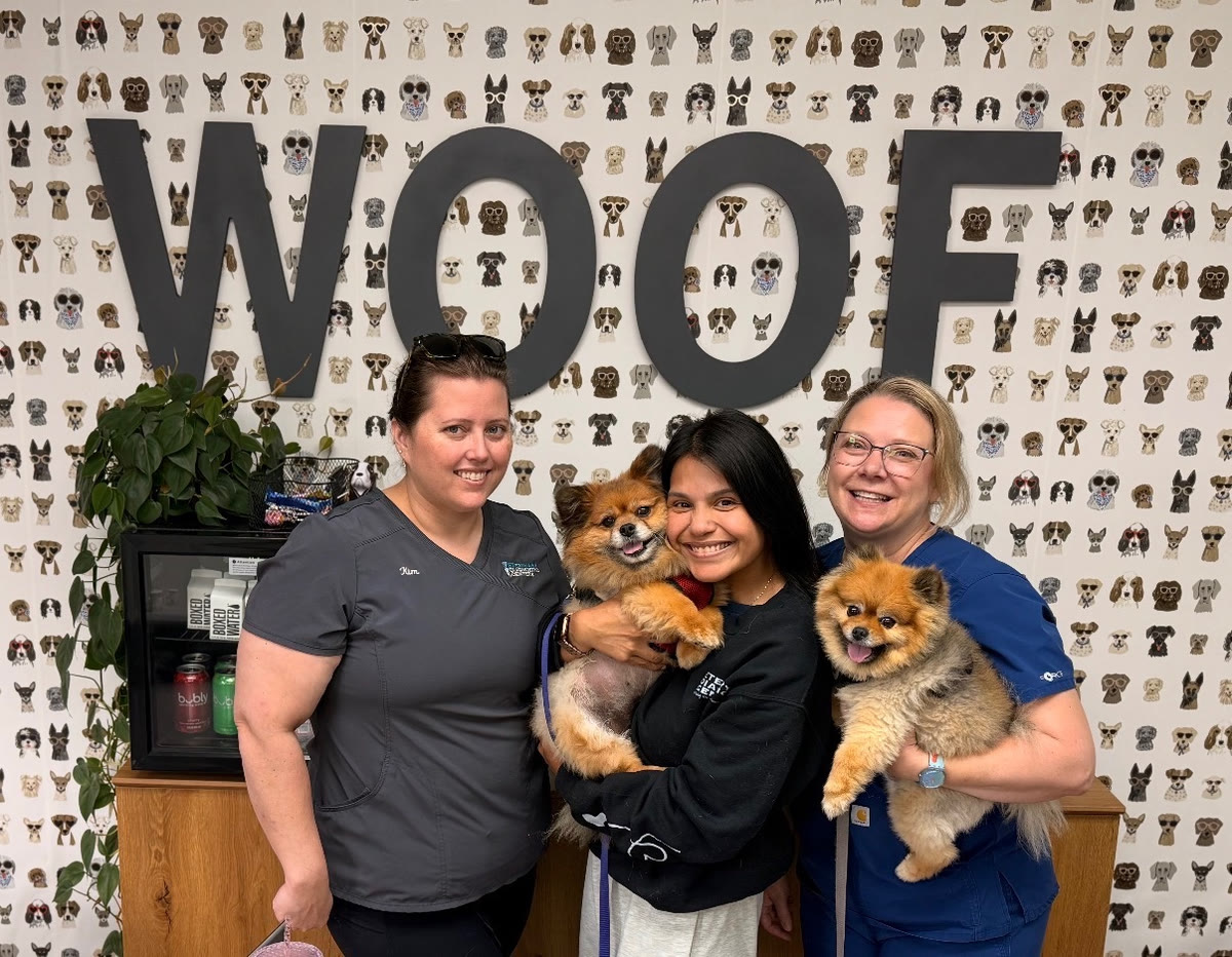 Veterinary Diagnostic Centers team members with two Pomeranians at the WOOF wall