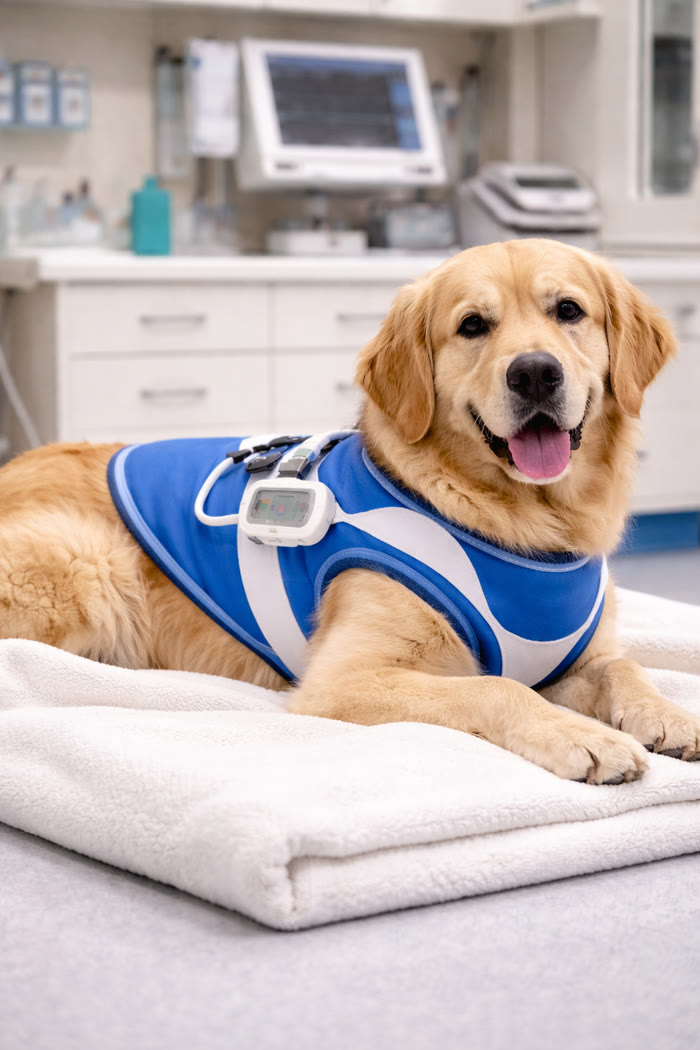 A golden retriever lying on a blanket, wearing the capsule recorder vest