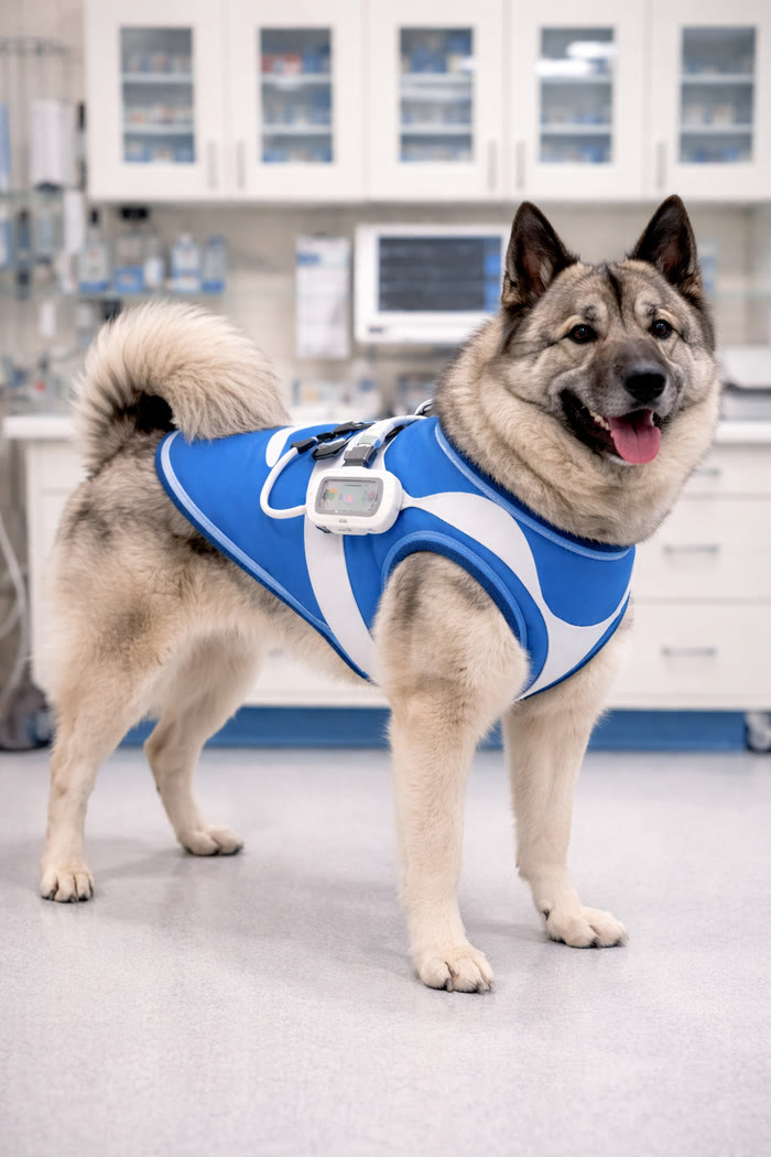 A dog wearing the capsule recorder vest