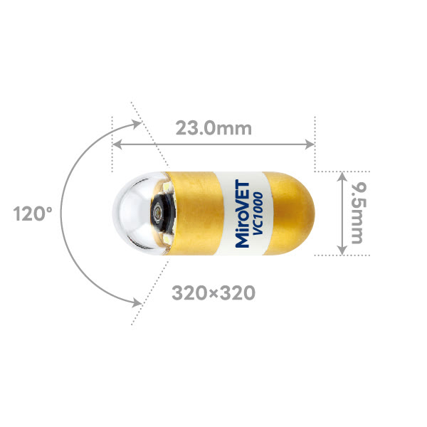 MiroVET VC1000 capsule: 23.0 mm long, 9.5 mm wide, with a 120° view