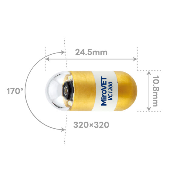 MiroVET VC1200 capsule: 24.5 mm long, 10.8 mm wide, with a 170° view