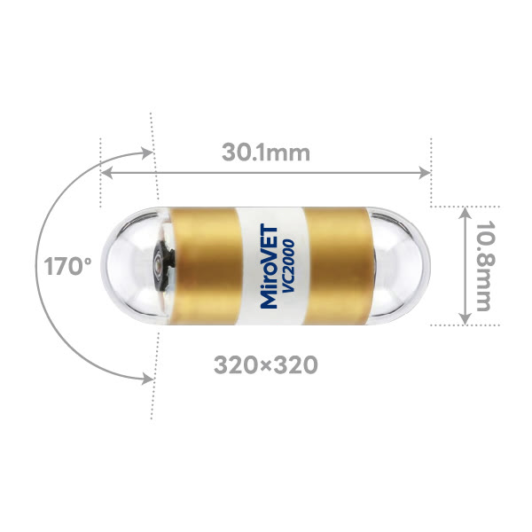 MiroVET VC2000 capsule: 30.1 mm long, 10.8 mm wide, with a 170° view