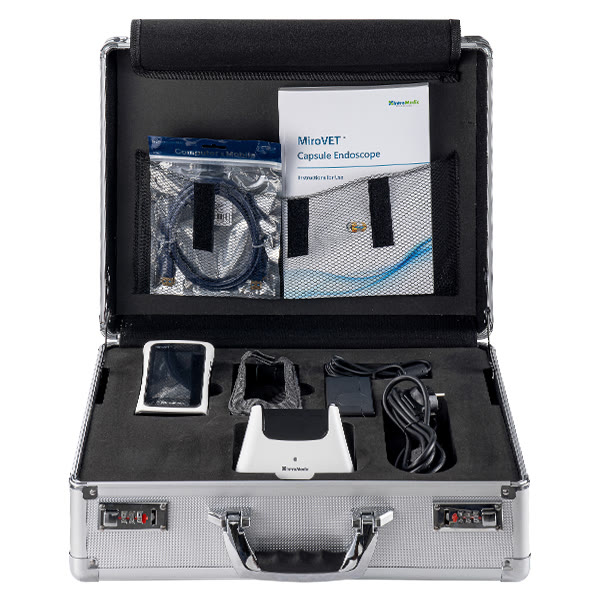 The VR1000 kit case, open, with the recorder, cables and manual